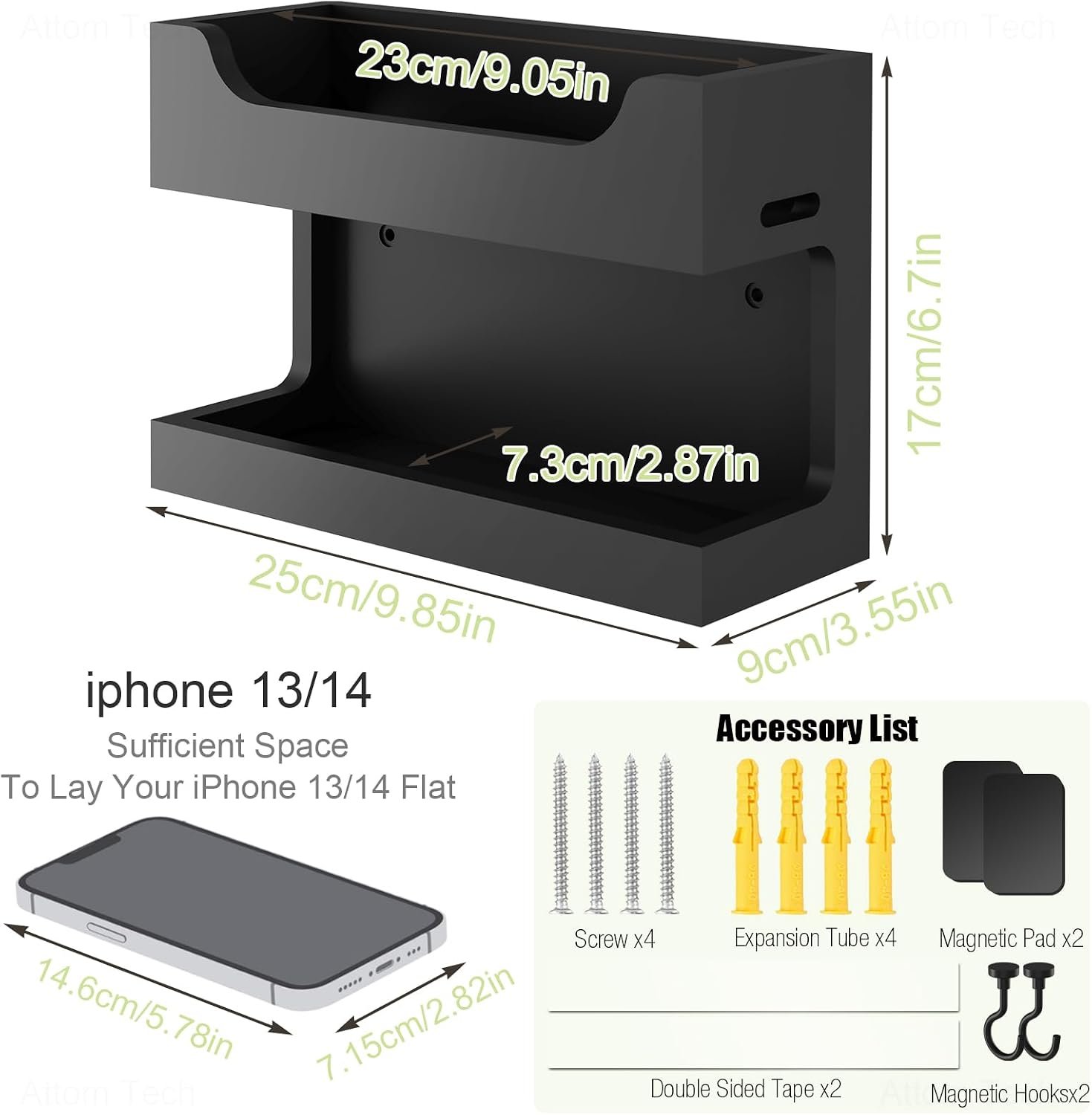 Wall Mounted Wooden Bedside Accessories Organizer, Double Tray Bedside Storage Shelf Rack with Magnetic Hooks, Bedroom Dorm RV Wall Caddy Holder for Phone Glasses Alarm Clock Remote (Black) - Image 2