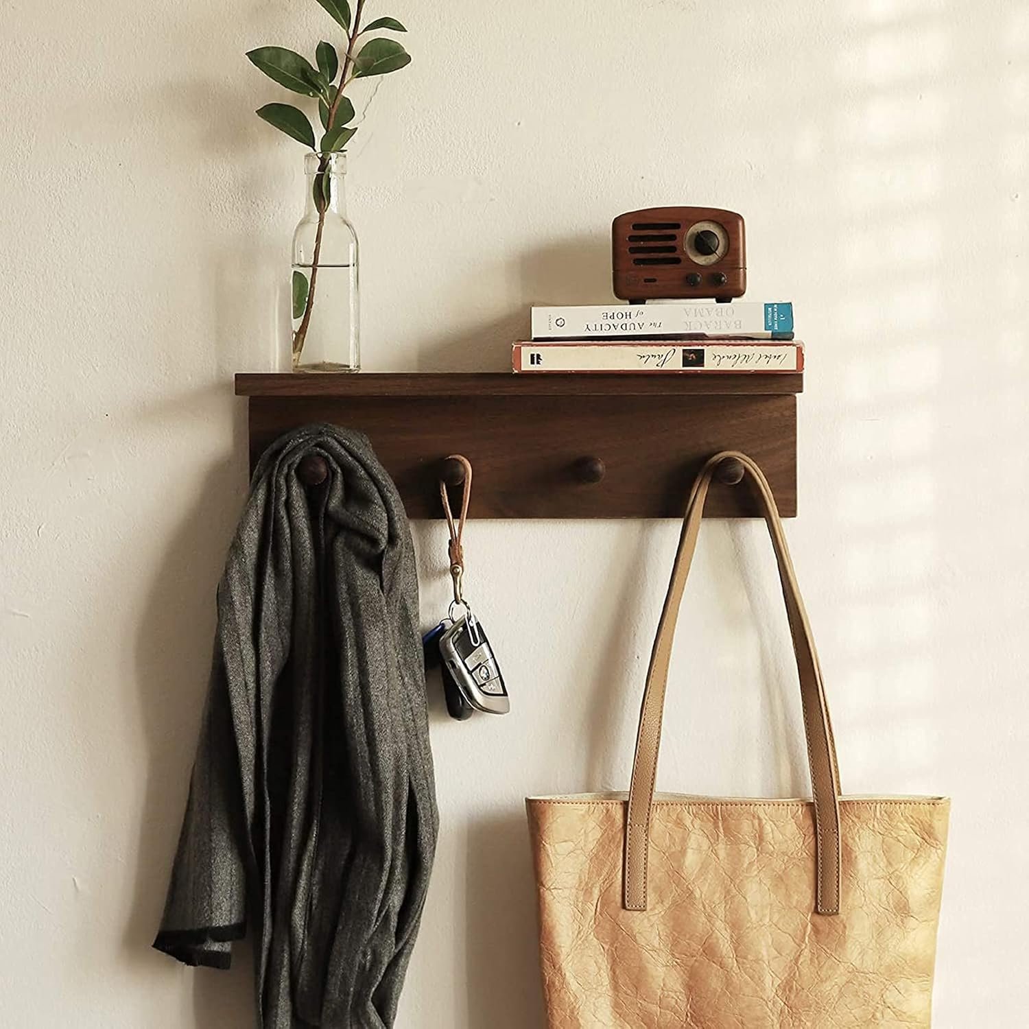 Entrance Coat Rack ,Coat Hooks, Wall-Mounted Wooden Hook Rack, Wall-Mounted Shelves are Very Suitable (Walnut Color Finish—A-1)