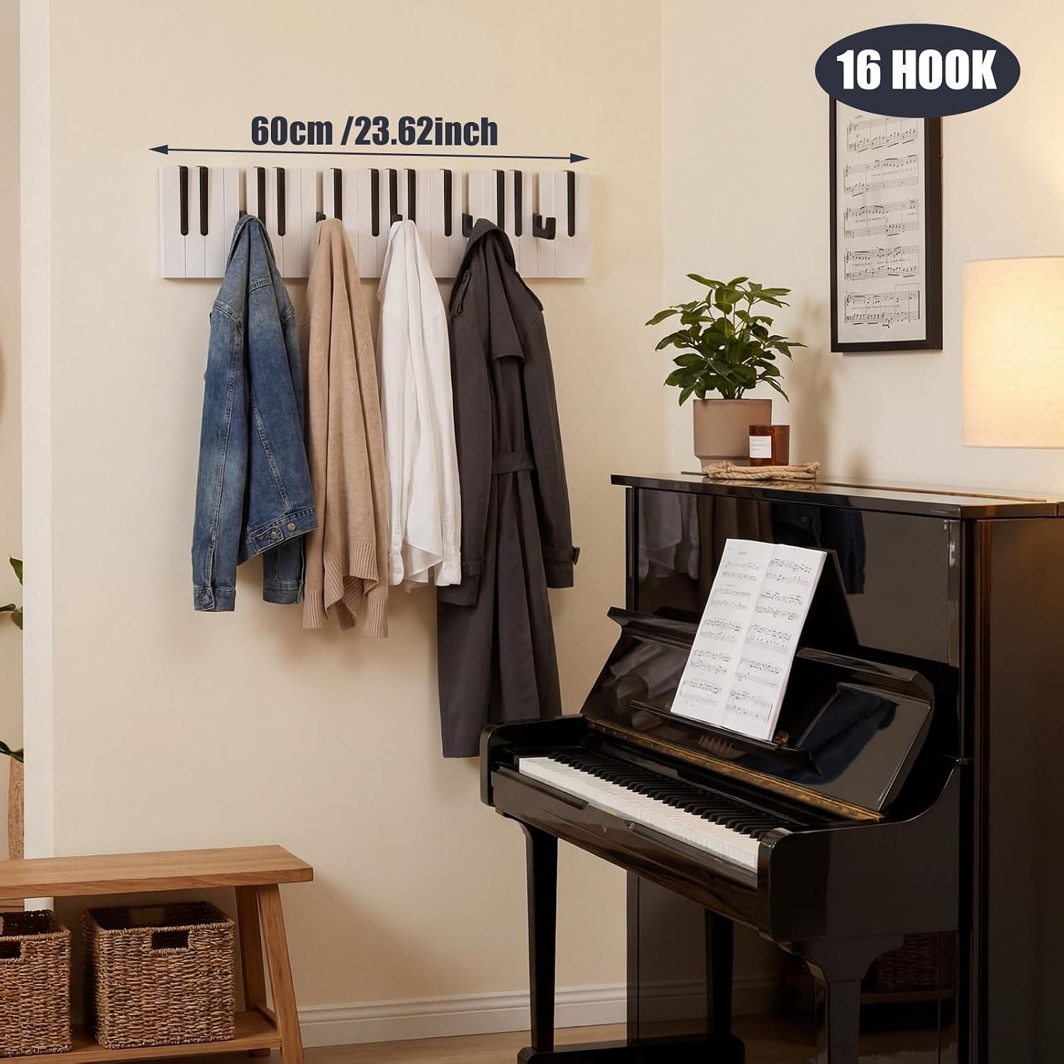 16 Hook Wooden Piano Coat Rack Wall Mounted Flip Down Wall Rack Entryway Art Hanger Black White Piano Key Storage Organizer for Hanging Hats Keys Bags Music Lovers Pianists Gift 22.8 Inch - Image 2