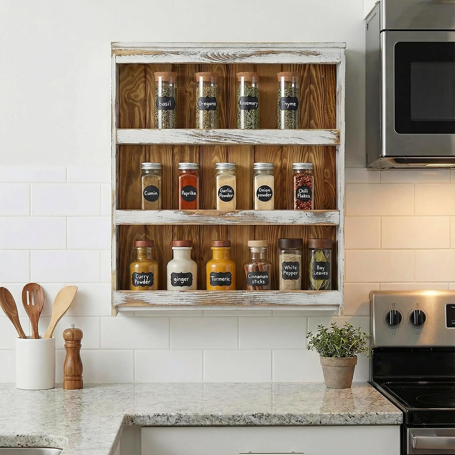 3 Tier Spice Rack Wall Mount, Hanging Kitchen Pantry Storage Shelf for Seasoning Jars or Condiment Bottles, Shabby White Washed and Rustic Natural Burnt Solid Wood - Image 2