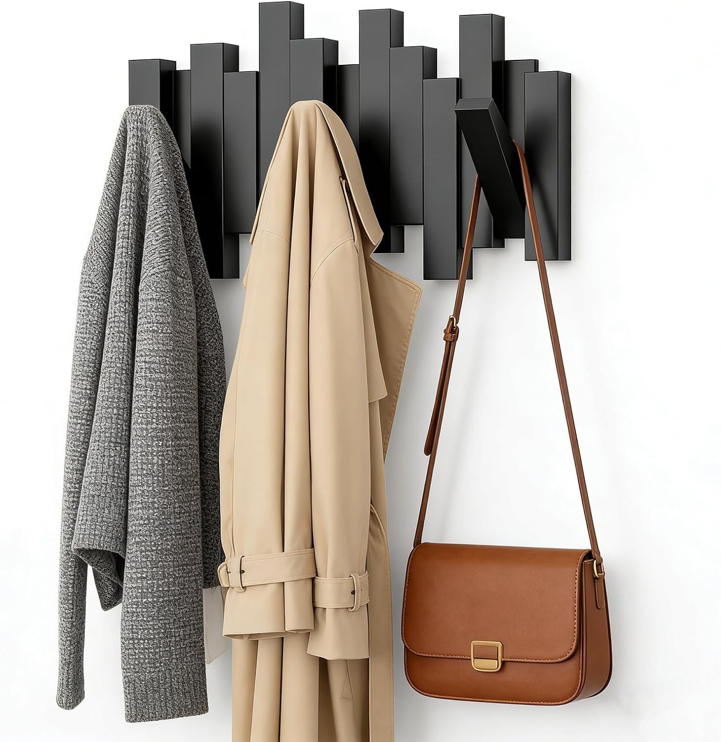 Wood Piano Key Coat Rack Wall Mount, Modern Coat Rack with 3 Magnetic Flip Hooks, 110 lbs Load Bearing, Space Saving Home Storage Decor, Black