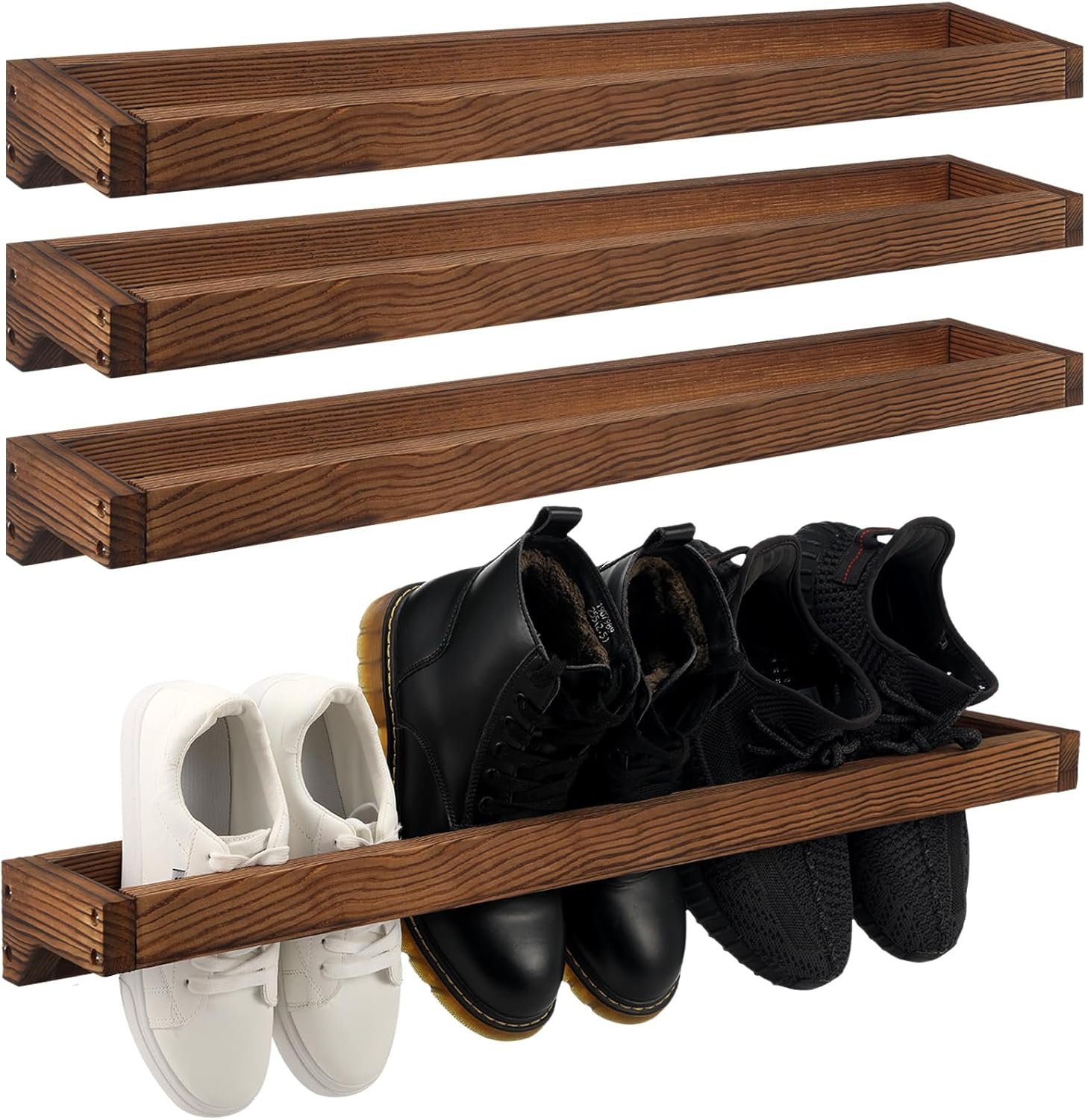 4 Pcs Wall Mounted Wooden Shoe Rack 30 Inch Rustic Wood Wall Hanging Shoe Rack Space Saving Footwear Holder Shoes Storage Organizer for Mudroom, Entryway, Closet (Burnt Wood)