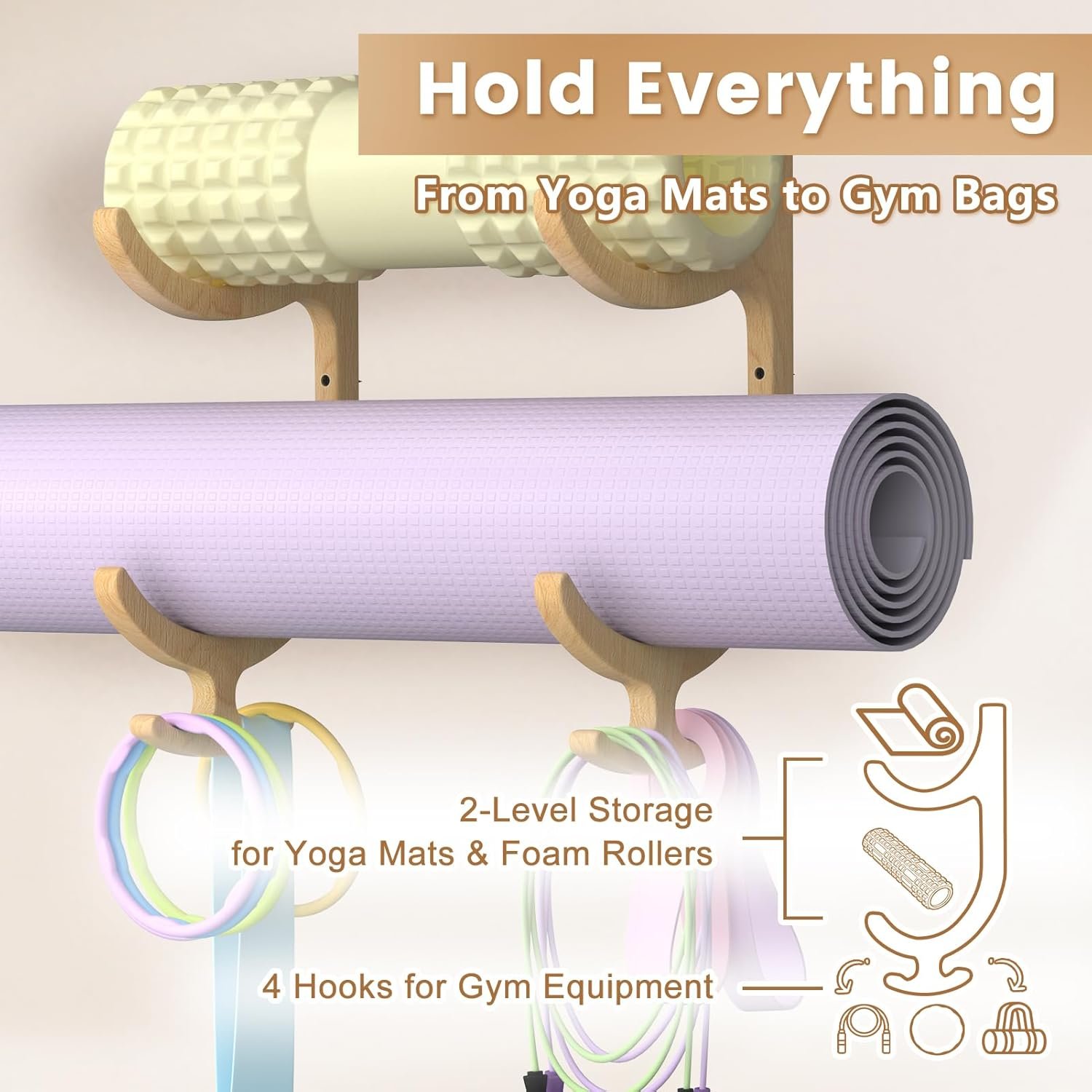 Wooden Yoga Mat Holder Wall Mount, Yoga Mat Storage Rack, Home Gym Equipment Organizer, Wall Mount Workout Storage Holder for Hanging Foam Rollers and Resistance Bands - Image 2