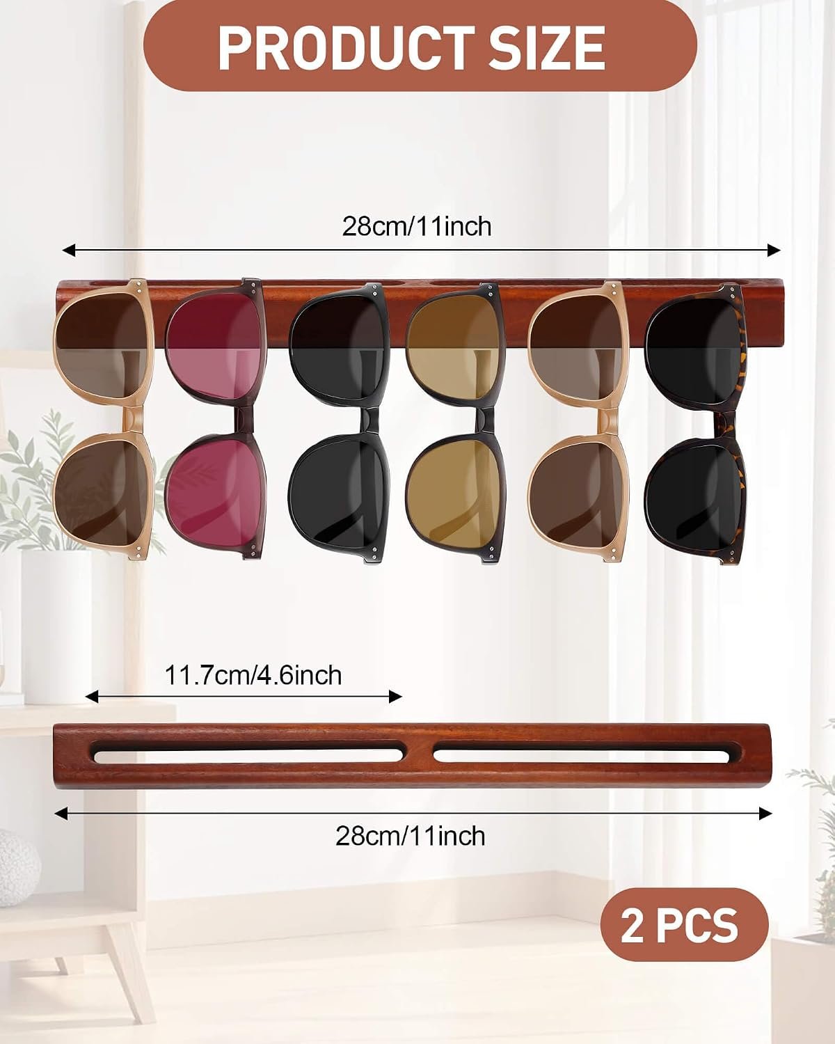 2PCS Sunglass Organizer, Wooden Wall Mounted Sunglasses Organizer, Hanging Sunglasses Holder for Home, Office, Entryway, Bedroom (Walnut Color) - Image 2