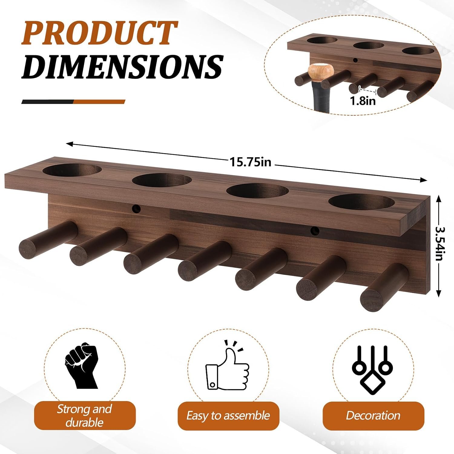 Baseball Bat and Ball Holder Wall Mounted Display Rack for 4 Sets of Baseballs and Bats, Wooden Storage Rack Stand Hanger Softball Storage Organizer (Walnut) - Image 2