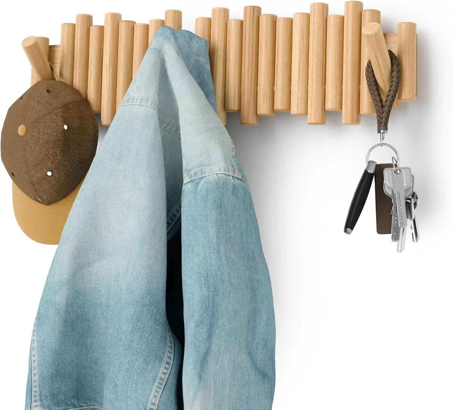 Coat Rack with 8 Hooks – Natural Wall-Mounted Coat Rack with Flip-Down Wooden Hooks, Real Pine Wood Decorative Wall Storage for Jackets, Hats, Scarves, Bags, Entryway, Bedroom Living Room