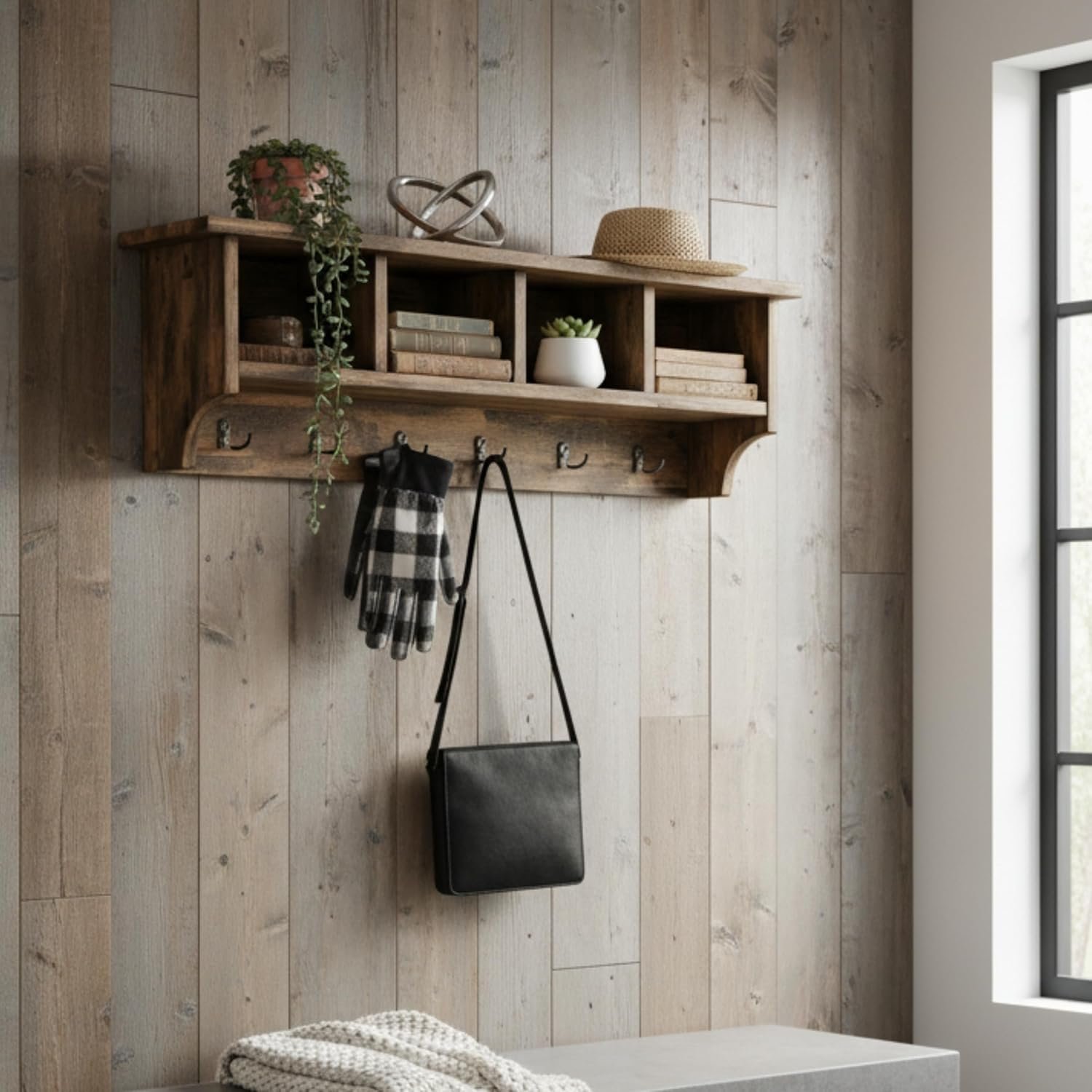 Entryway Coat Rack – Rustic Farmhouse 48-Inch Wall-Mounted Coat Rack with 6 Double Hooks & 4 Open Cubbies – Solid Wood Mudroom Storage for Entryway or Hallway (Rustic Brown) - Image 2
