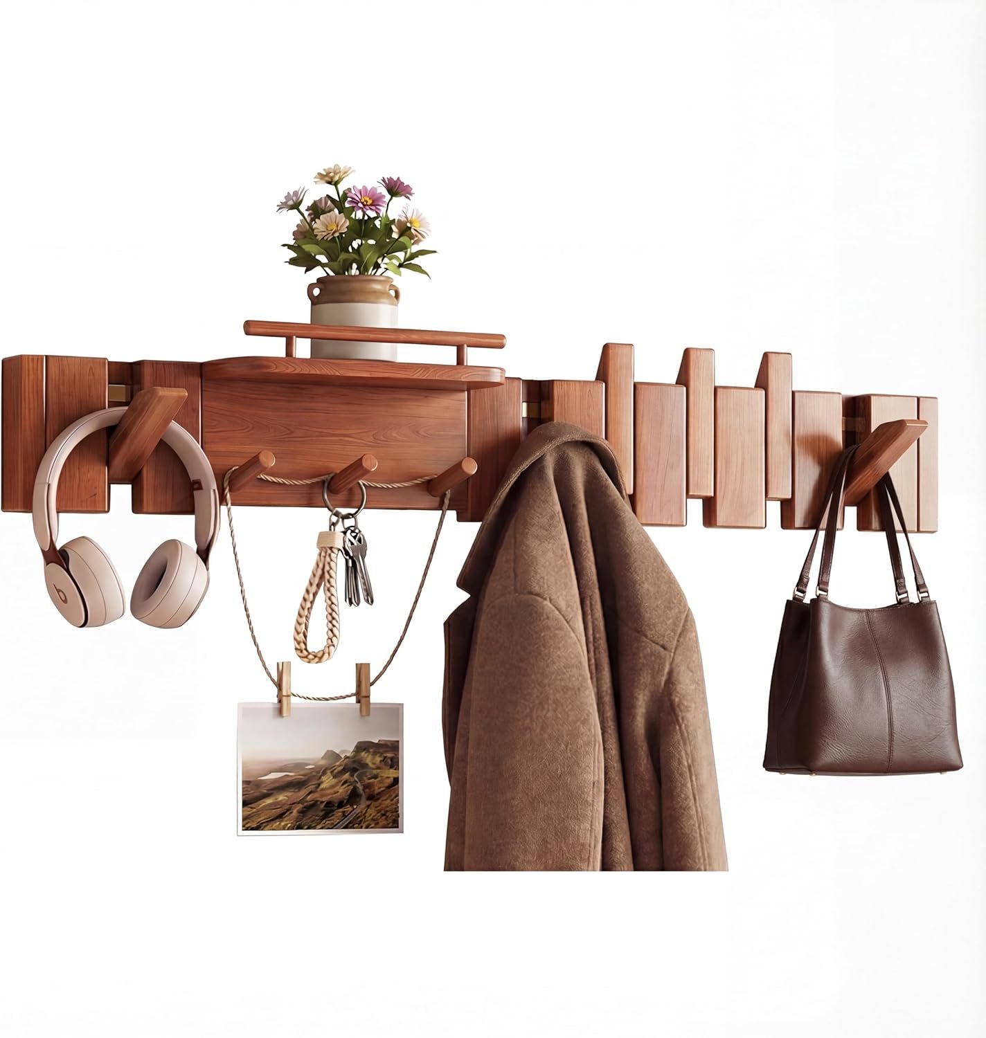 Mid Century Modern Walnut Foldable Entryway Wall Coat Hanger Hook with Shelf,Heavy Duty Wooden Piano Hidden Towel Hooks for Bathroom,Wall Rack for Purse&Key&Mail,Home Decor (Walnut, 9 Hooks)