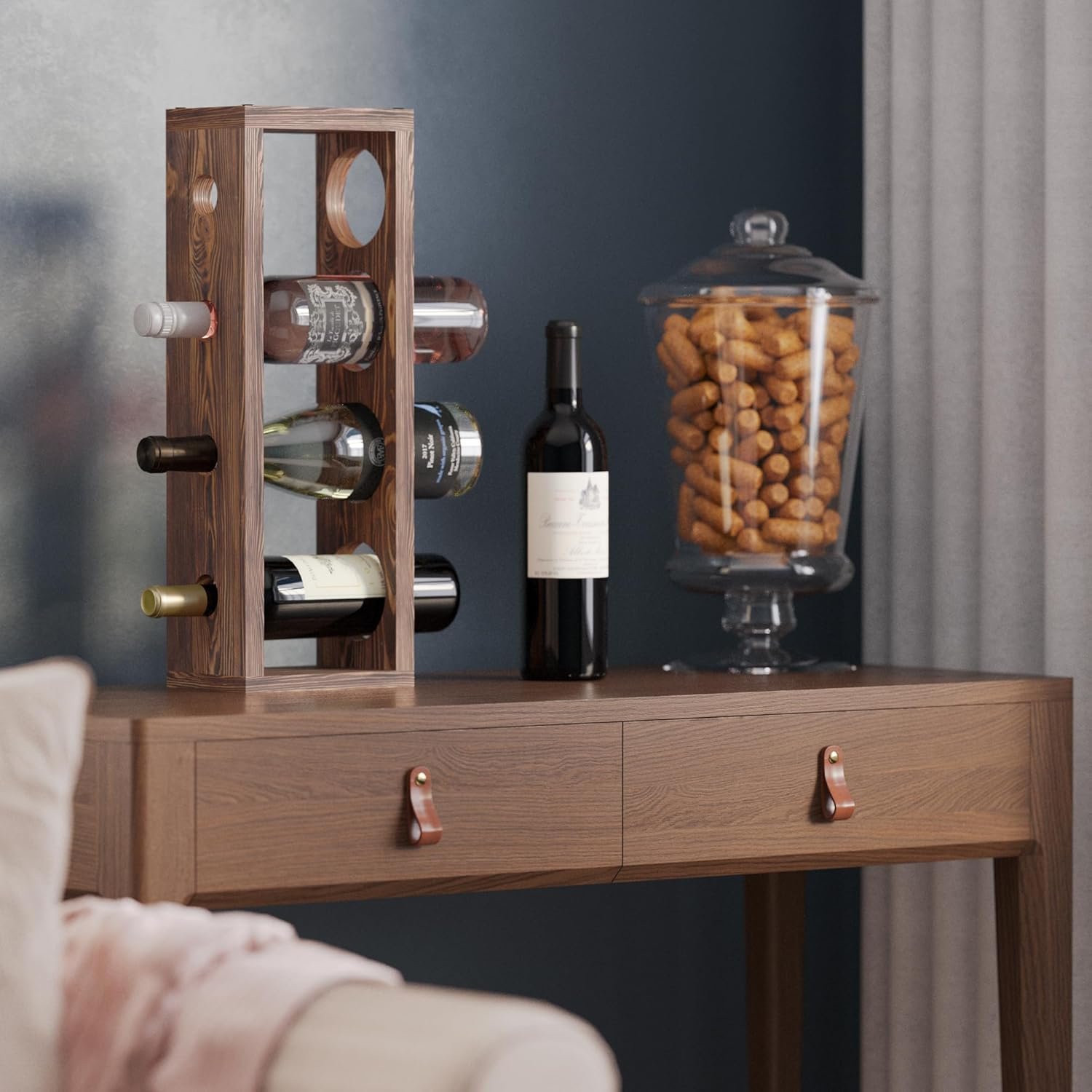 Wall Mounted Wood Vertical Wine Rack Holder Storage Shelf Organizer for 4 Bottles - Home, Kitchen, Dining Room Bar Décor - Walnut - Image 2