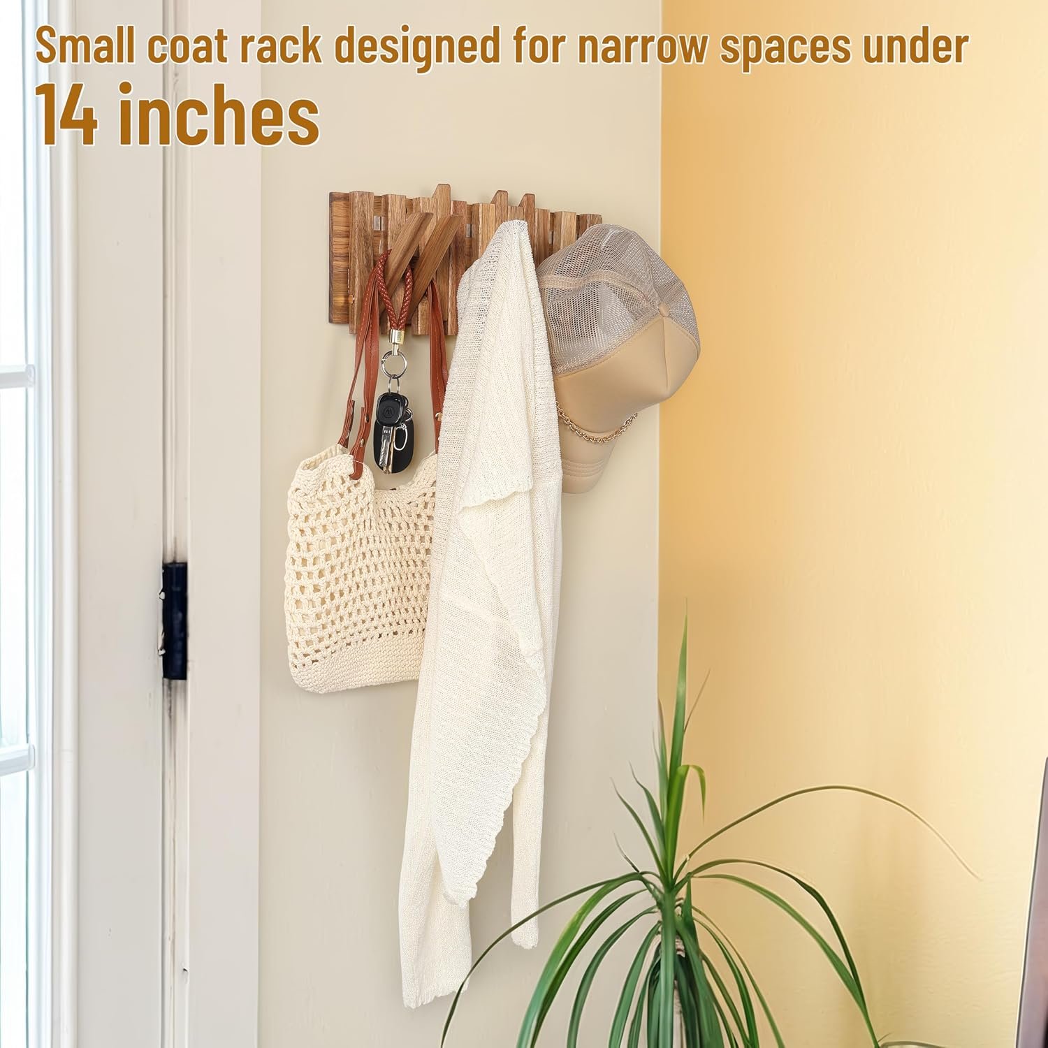 Small Coat Rack for Apartment: 13.2Inch Wood Rustic 8 Hooks Wall Mount Retractable for Narrow Spaces Entryway Bathroom for Hanging Light Items Jacket Towel Dog Leash Bag - Image 2