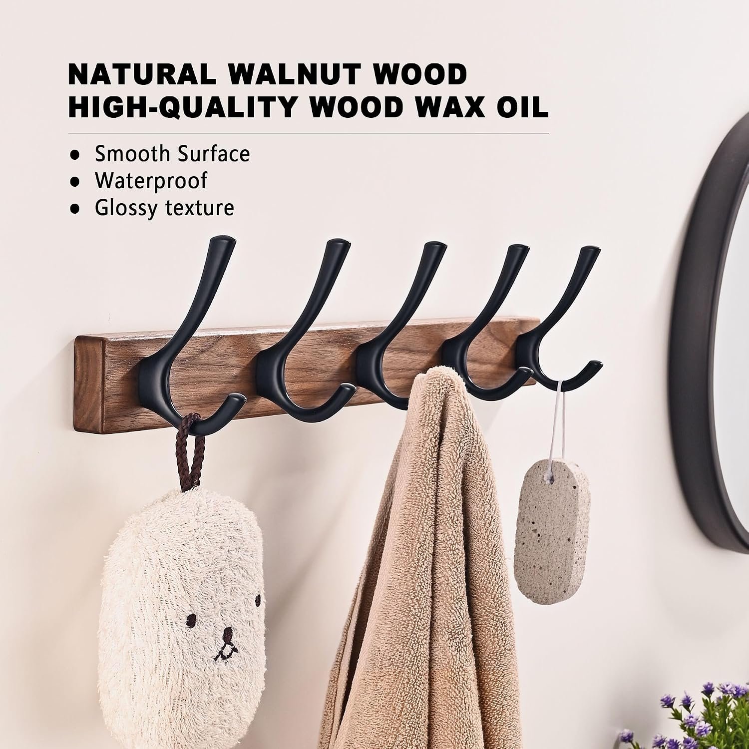 17.3" Small Walnut Wood Coat Rack Wall Mount with 5 Hooks, Heavy Duty Wooden Jacket Hanger Door Mounted for Decorative Entryway and Bathroom Hanging Towel Backpack Purse Clothes Hat Key - Image 2