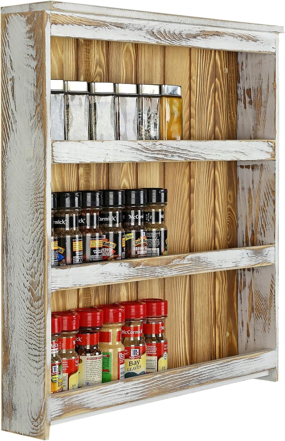 3 Tier Spice Rack Wall Mount, Hanging Kitchen Pantry Storage Shelf for Seasoning Jars or Condiment Bottles, Shabby White Washed and Rustic Natural Burnt Solid Wood