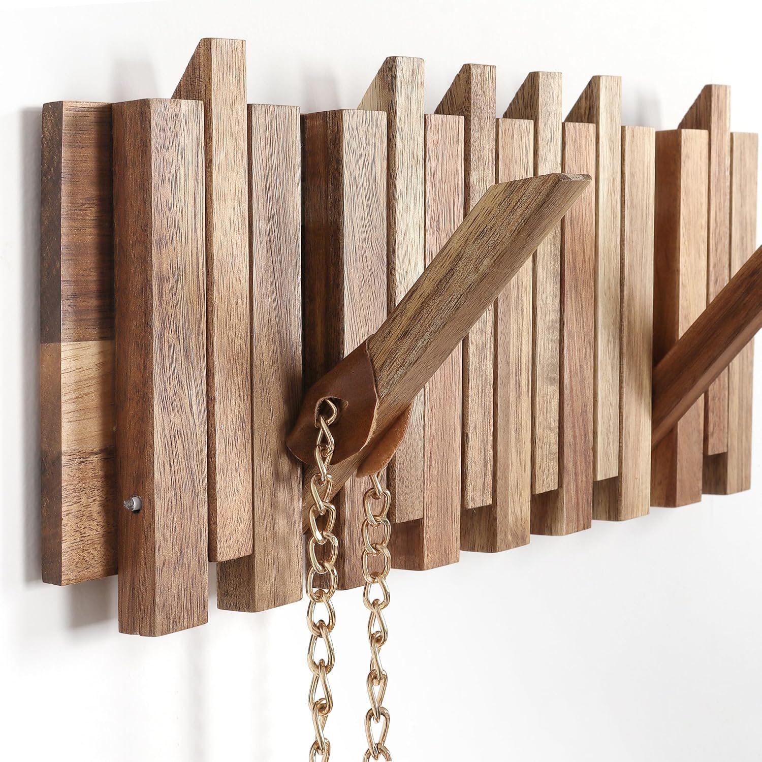 Small Coat Rack for Apartment: 13.2Inch Wood Rustic 8 Hooks Wall Mount Retractable for Narrow Spaces Entryway Bathroom for Hanging Light Items Jacket Towel Dog Leash Bag